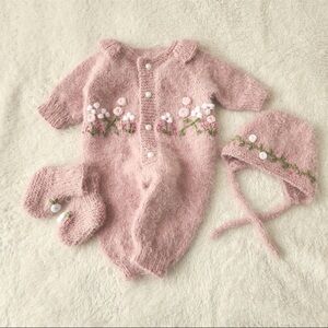 Hand-Knit Pink Floral Baby One-Piece with Hat & Booties
